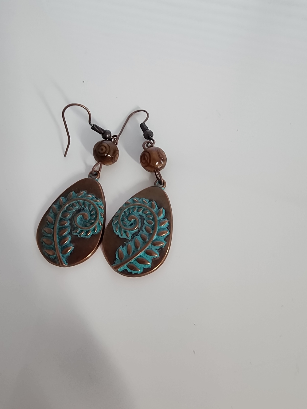 Fashion Earrings Bronze Tone Teardrop Earrings with Turquoise Patina Leaf Motif
